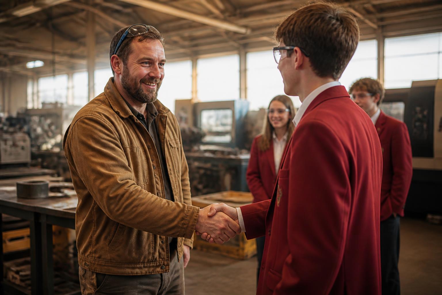 South Dakota industry mentor shaking hands with a SkillsUSA student in a red blazer