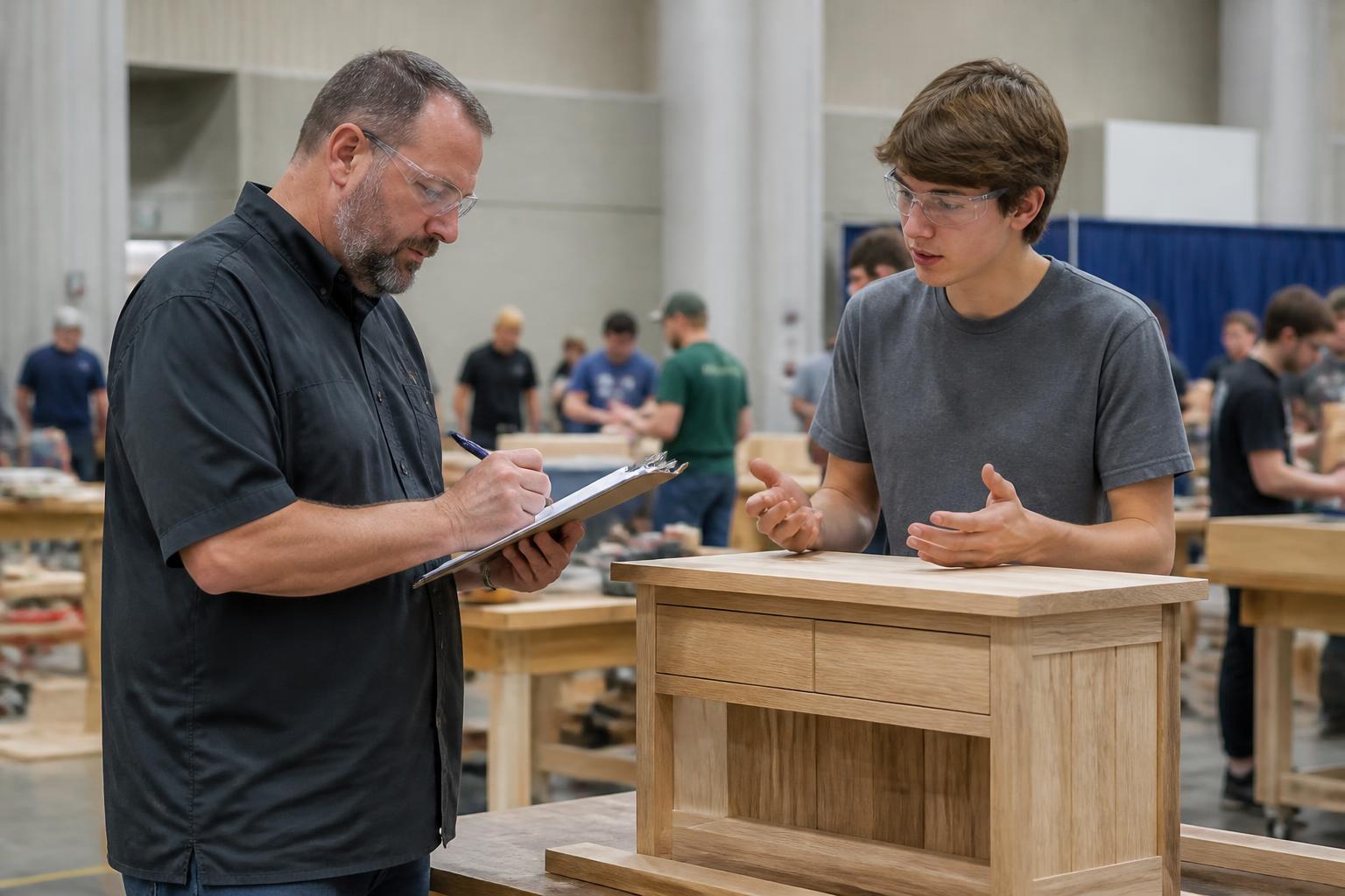 Industry volunteer judge scoring a SkillsUSA South Dakota student's carpentry project at a state skills contest