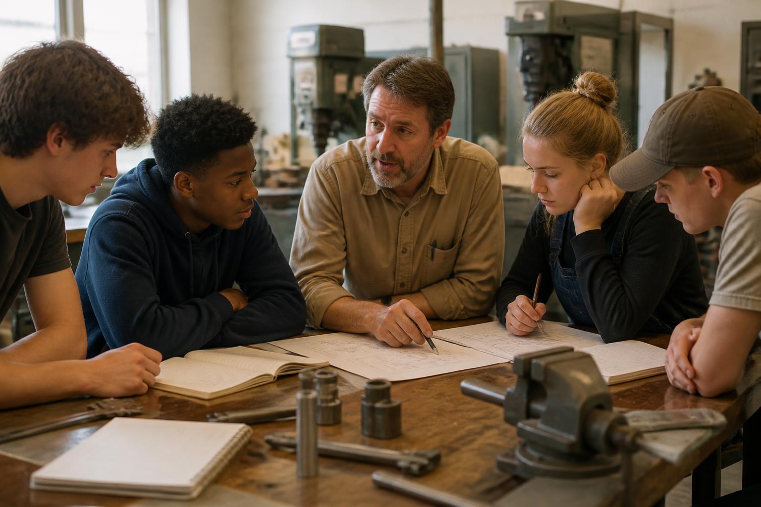 South Dakota career and technical education advisor planning a new SkillsUSA chapter with students in a shop classroom