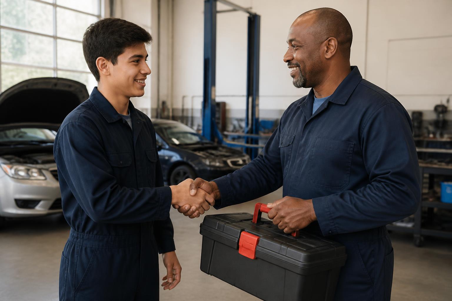 Industry mentor handing tools to a South Dakota automotive technology student supported by SkillsUSA donations