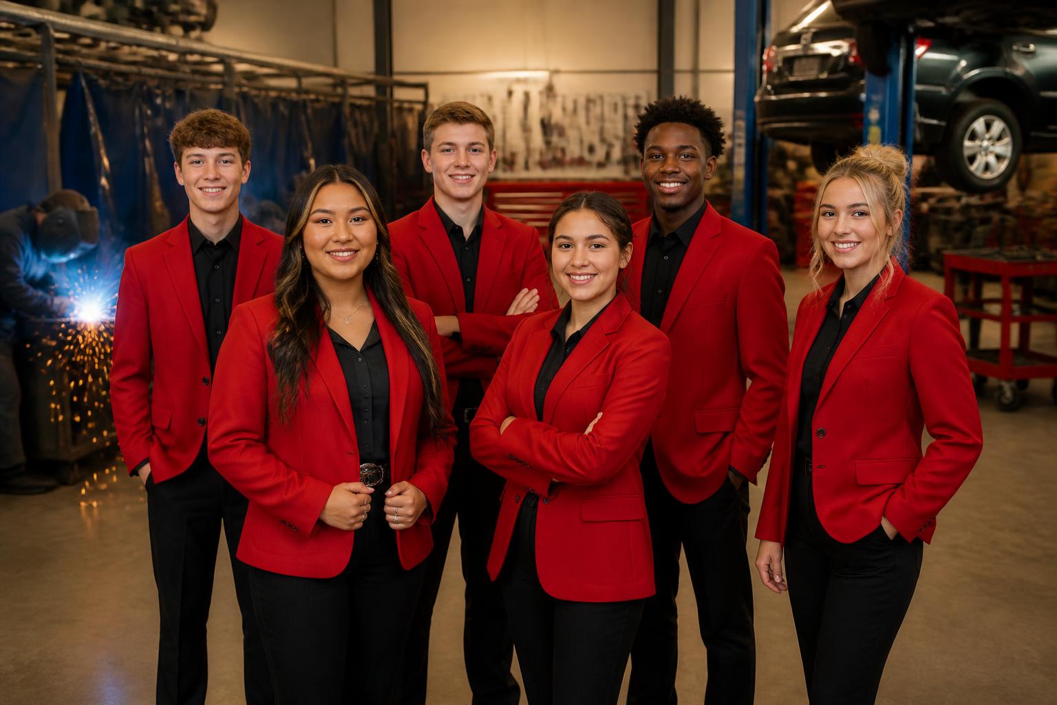 SkillsUSA South Dakota students in red blazers inside a career and technical education shop in Watertown, SD