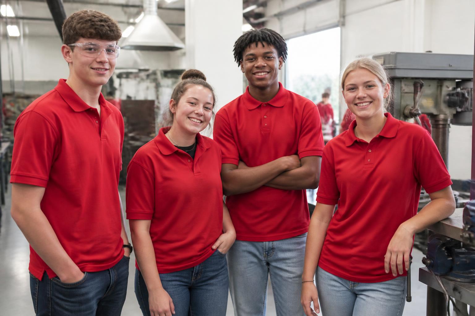 SkillsUSA South Dakota student members in red shirts in a career and technical education shop classroom